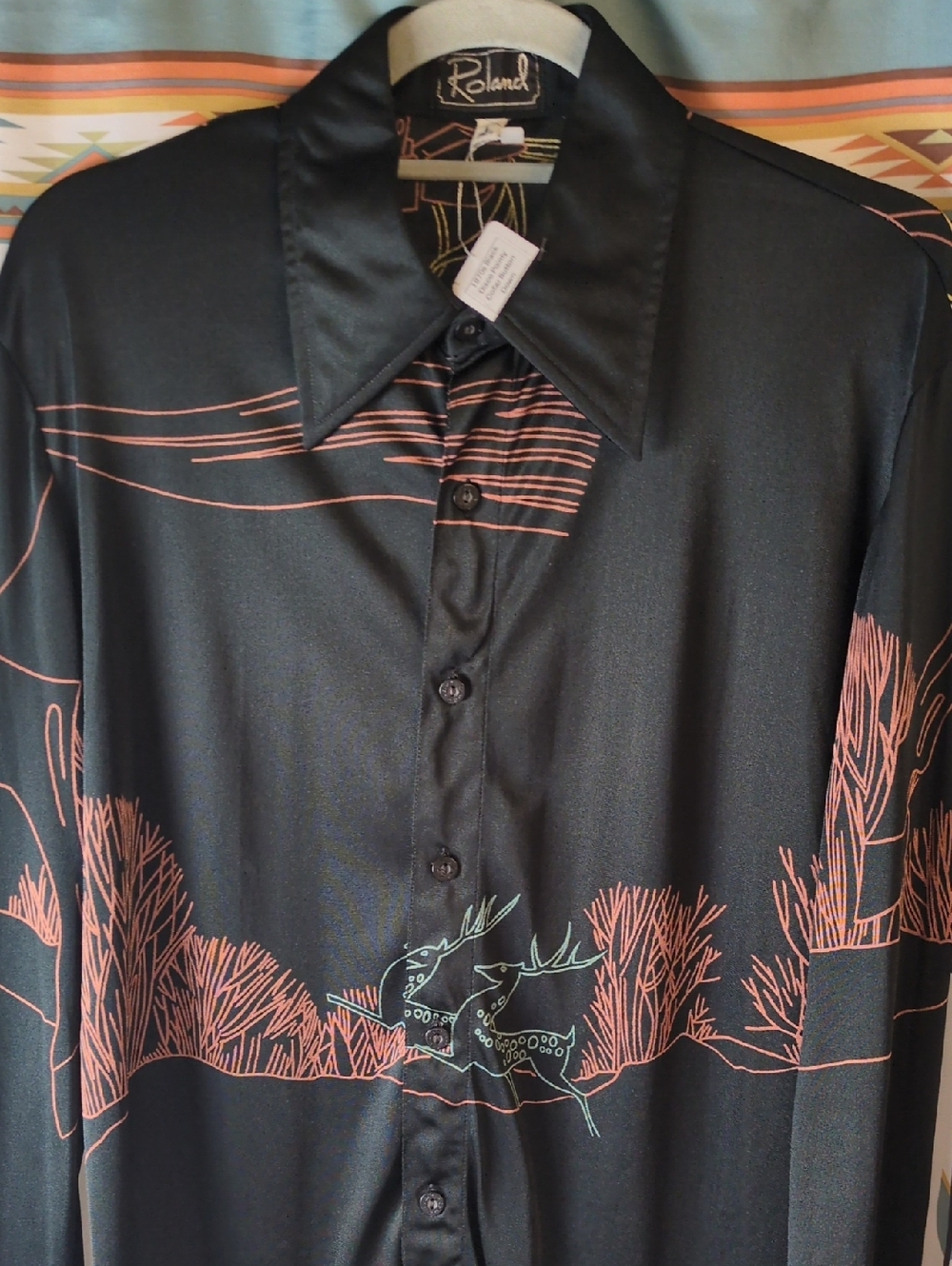 Roland Black Shirt with Coral and Teal Graphic